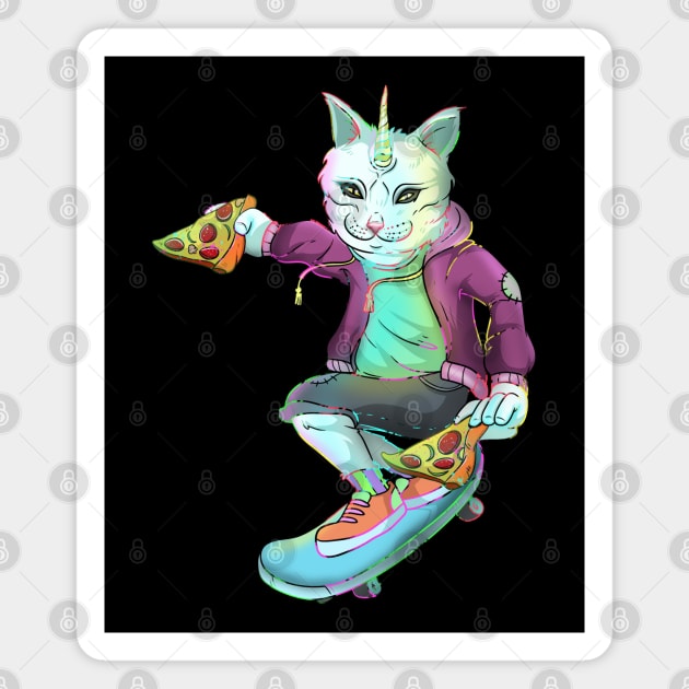 Badass Unicorn Cat Skateboarding Pizza lover Magnet by Trendy Black Sheep